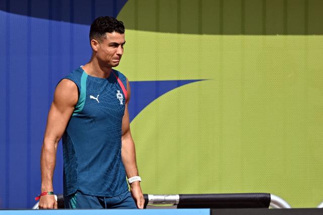 Portugal's forward #07 Cristiano Ronaldo arrives to take part in an MD-1 training session at the Southern Methodist University (SMU) in University Park, Texas on July 5, 2026, on the eve of the 2026 World Cup round of 16 football match between Portugal and Spain. (Photo by Paul ELLIS / AFP)