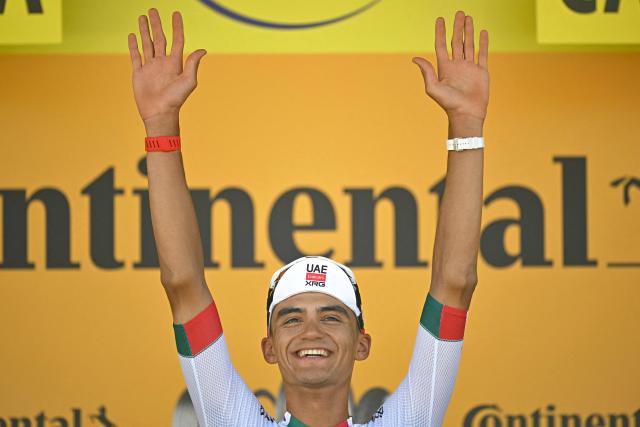 UAE Team Emirates - XRG's Mexican rider Isaac Del Toro celebrates on the podium after winning the 2nd stage of the 113th edition of the Tour de France cycling race, 168,5 km between Tarragona and Barcelona in northeastern Spain, on July 5, 2026. (Photo by Loic VENANCE / AFP)