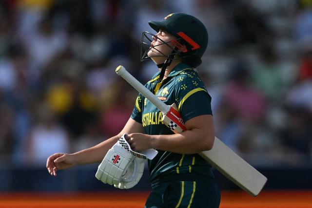 Australia's Georgia Voll reacts as she walks back to the pavilion having lost her wicket for 9 runs during the ICC Women's T20 cricket world cup 2026 final between Australia and England, at Lord's in London on July 5, 2026. (Photo by JUSTIN TALLIS / AFP)