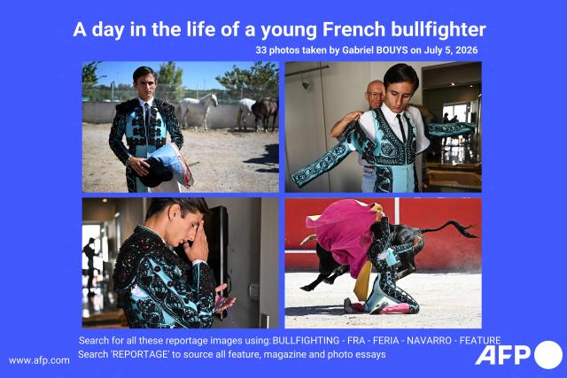 AFP presents a reportage of 33 photos taken by photographer Gabriel Bouys during a day in the life of the young French bullfighter Esteban Navarro before a bullfight during the Feria of Boujan-sur-Libron, near Beziers, southern France on July 5, 2026. Search for all these reportage images using: BULLFIGHTING-FRA-FERIA-NAVARRO-FEATURE-REPORTAGE

Search 'REPORTAGE' to source all feature, magazine and photo essays. (Photo by Gabriel BOUYS / AFP)