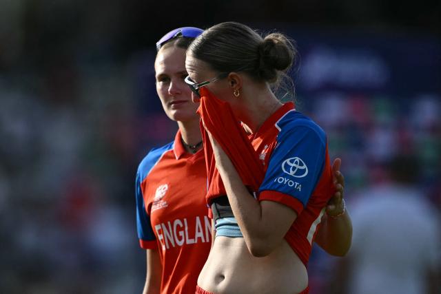 England's Lauren Filer reacts to their defeat in the ICC Women's T20 cricket world cup 2026 final between Australia and England, at Lord's in London on July 5, 2026. Australia thrashed England by seven wickets to win the Women's T20 World Cup final at Lord's on Sunday. Victory gave Australia a record-extending seventh Women's T20 global title as they chased down a target of 151 with 17 balls to spare. (Photo by JUSTIN TALLIS / AFP)