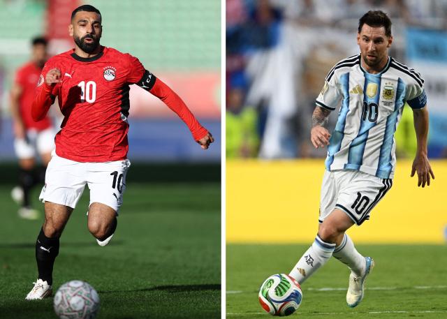 (COMBO) This combination of file photo created on July 5, 2026, shows  Egypt's forward #10 Mohamed Salah in Agadir on January 5, 2026 (L); and Argentina's forward #10 Lionel Messi in Kansas City on June 16, 2026. Argentina and Egypt will meet in a 2026 World Cup round of 16 football at the Atlanta Stadium in Atlanta on July 7, 2026. (Photo by Franck FIFE and Roberto SCHMIDT / AFP)