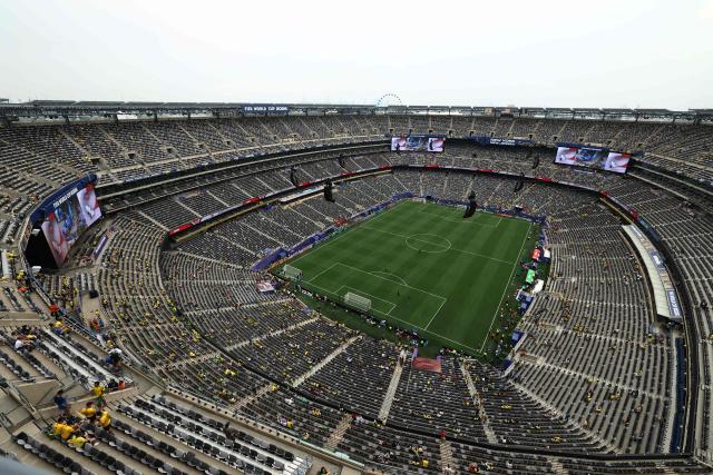 General view ahead of the 2026 World Cup round of 16 football match between Brazil and Norway at the New York/New Jersey Stadium in East Rutherford on July 5, 2026.  (Photo by CHARLY TRIBALLEAU / AFP)