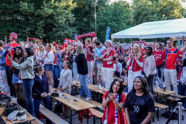 Fans gather to watch the 2026 World Cup match between Brazil and Norway which will be shown on a big screen at Spikersuppa in Oslo on July 5, 2026. (Photo by Terje Bendiksby / NTB / AFP) / Norway OUT
