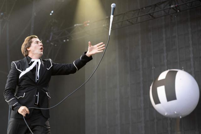 Howlin' Pelle Almqvist, lead singer of Swedish garage punk band The Hives, performs on stage on the last day of the 36th edition of the Eurockeennes de Belfort music festival in Sermamagny, eastern France on July 5, 2026. (Photo by ROMEO BOETZLE / AFP)
