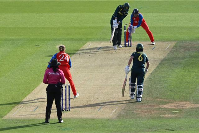 Australia's Phoebe Litchfield is bowled by England's Charlie Dean during the ICC Women's T20 cricket world cup 2026 final between Australia and England, at Lord's in London on July 5, 2026. (Photo by JUSTIN TALLIS / AFP)