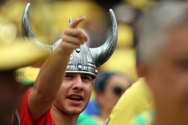 A Norwegian fan wears a horned helmet cheering for his team ahead of the 2026 World Cup round of 16 football match between Brazil and Norway at the New York/New Jersey Stadium in East Rutherford on July 5, 2026.  (Photo by Odd ANDERSEN / AFP)