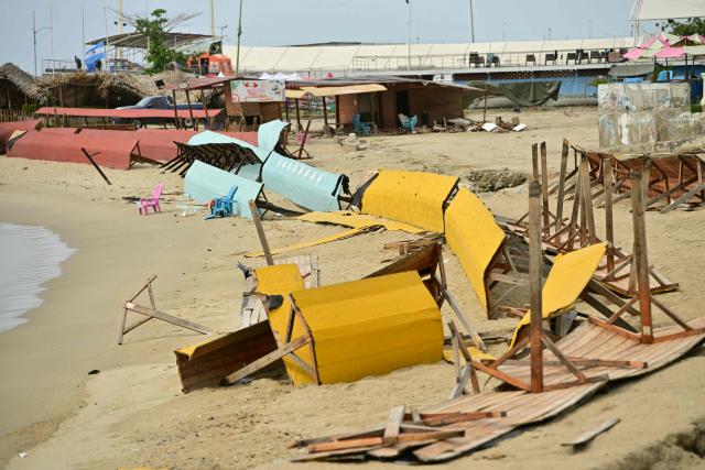 View destroyed infrastrucre at the beach of Caraballeda, La Guaira state, Venezuela, on July 5, 2026, following the June 24 twin earthquakes. The devastating earthquakes that struck Venezuela eleven days ago have now claimed nearly 3,000 lives, according to the latest figures released on July 4, 2026, as foreign rescue teams wind down their operations to find survivors. (Photo by MARTIN BERNETTI / AFP)