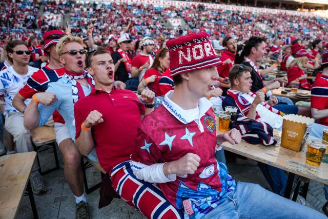 Fans "row" ahead of the 2026 World Cup match between Brazil and Norway which will be shown on a big screen at Ullevaal Stadium in Oslo on July 5, 2026. (Photo by Javad Parsa / NTB / AFP) / Norway OUT