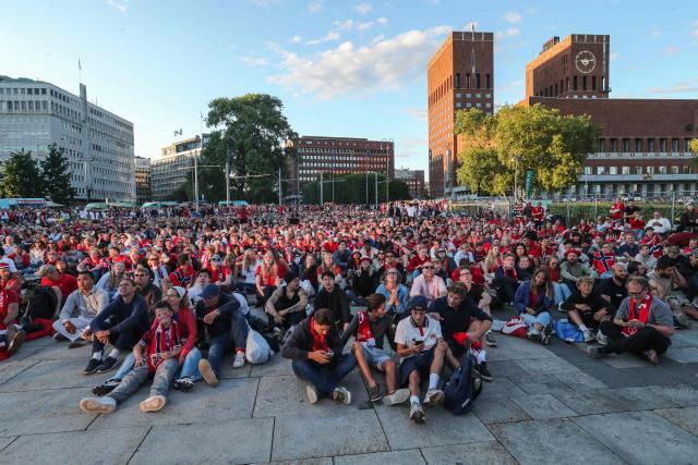 Fans gather to watch the 2026 World Cup match between Brazil and Norway which will be shown on a big screen at Rådhusplassen in Oslo on July 5, 2026. (Photo by Trond Reidar TEIGEN / NTB / AFP) / Norway OUT