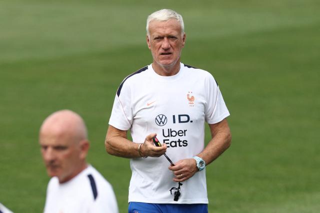 France's head coach Didier Deschamps takes part a training session at Bentley University in Waltham, near Boston, on July 5, 2026, during the 2026 World Cup football tournament. (Photo by FRANCK FIFE / AFP)