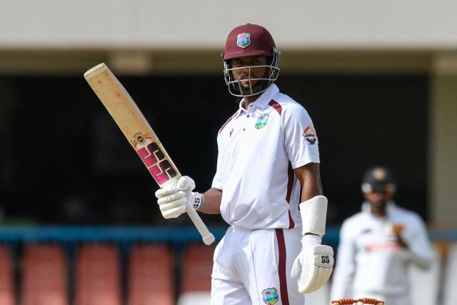 Shai Hope of West Indies celebrates his half-century during the 3rd day of the 2nd Test between Sri Lanka and West Indies at Vivian Richards Cricket Stadium in North Sound, Antigua and Barbuda, on July 5, 2026. (Photo by Randy Brooks / AFP)