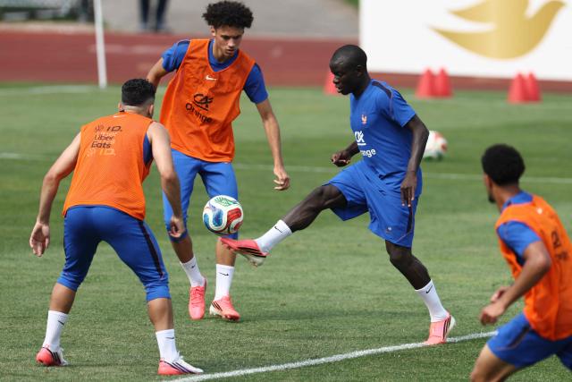 France's forward #25 Maghnes Akliouche and France's midfielder #13 N'Golo Kante take part a training session at Bentley University in Waltham, near Boston, on July 5, 2026, during the 2026 World Cup football tournament. (Photo by FRANCK FIFE / AFP)