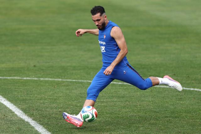 France's forward #24 Rayan Cherki takes part a training session at Bentley University in Waltham, near Boston, on July 5, 2026, during the 2026 World Cup football tournament. (Photo by FRANCK FIFE / AFP)