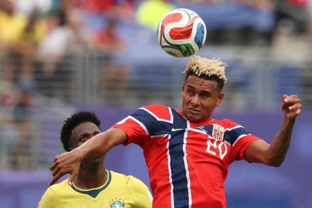 Norway's midfielder #20 Antonio Nusa heads the ball during the 2026 World Cup round of 16 football match between Brazil and Norway at the New York/New Jersey Stadium in East Rutherford on July 5, 2026.  (Photo by Odd ANDERSEN / AFP)