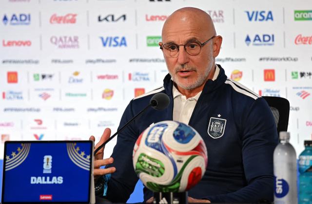 Spain's head coach Luis de la Fuente answers to journalists during a press conference at the Dallas Stadium in Arlington, Texas on July 5, 2026, on the eve of the 2026 World Cup round of 16 football match between Portugal and Spain. (Photo by Paul ELLIS / AFP)