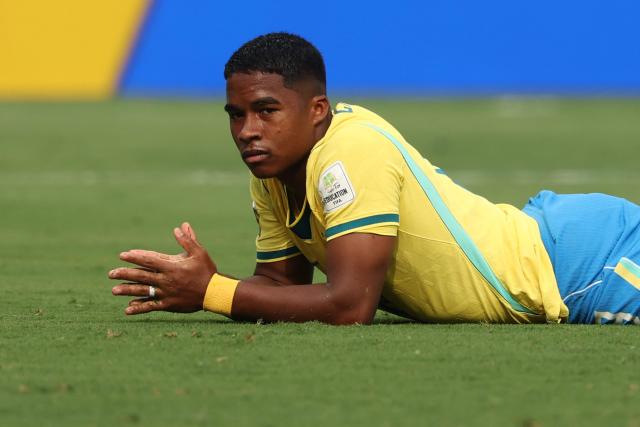 Brazil's forward #19 Endrick reacts to a missed chance during the 2026 World Cup round of 16 football match between Brazil and Norway at the New York/New Jersey Stadium in East Rutherford on July 5, 2026.  (Photo by Odd ANDERSEN / AFP)