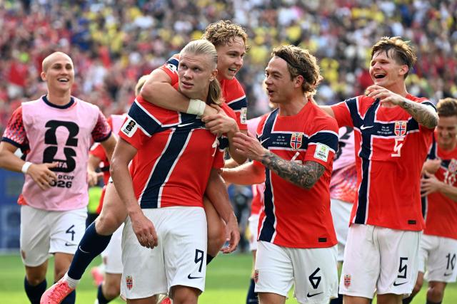 Norway's forward #09 Erling Braut Haaland elebrates scoring his team's second goal during the 2026 World Cup round of 16 football match between Brazil and Norway at the New York/New Jersey Stadium in East Rutherford on July 5, 2026.  (Photo by Jewel SAMAD / AFP)