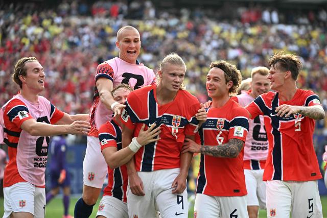 Norway's forward #09 Erling Braut Haaland celebrates scoring his team's second goal during the 2026 World Cup round of 16 football match between Brazil and Norway at the New York/New Jersey Stadium in East Rutherford on July 5, 2026.  (Photo by Jewel SAMAD / AFP)