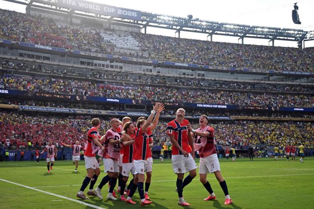 Norway's forward #09 Erling Braut Haaland celebrates scoring his team's second goal during the 2026 World Cup round of 16 football match between Brazil and Norway at the New York/New Jersey Stadium in East Rutherford on July 5, 2026.  (Photo by Jewel SAMAD / AFP)