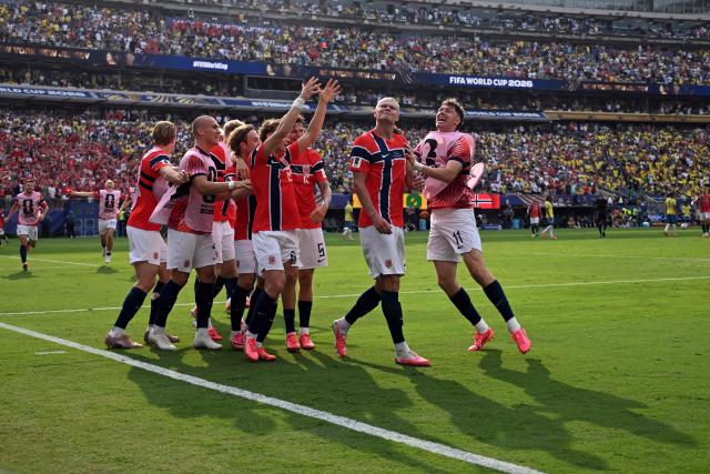 Norway's forward #09 Erling Braut Haaland celebrates scoring his team's second goal during the 2026 World Cup round of 16 football match between Brazil and Norway at the New York/New Jersey Stadium in East Rutherford on July 5, 2026.  (Photo by Jewel SAMAD / AFP)