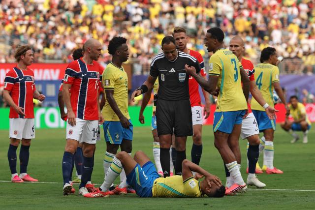 Brazil's midfielder #05 Casemiro reacts on the ground after a foul during the 2026 World Cup round of 16 football match between Brazil and Norway at the New York/New Jersey Stadium in East Rutherford on July 5, 2026.  (Photo by Odd ANDERSEN / AFP)