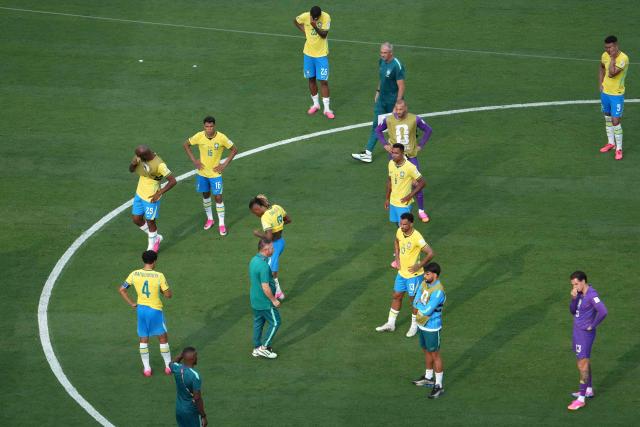 Brazil's players react after losing the 2026 World Cup round of 16 football match between Brazil and Norway at the New York/New Jersey Stadium in East Rutherford on July 5, 2026.  (Photo by TIMOTHY A. CLARY / AFP)