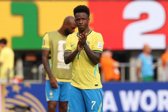 Brazil's forward #07 Vinicius Junior reacts after losing the 2026 World Cup round of 16 football match between Brazil and Norway at the New York/New Jersey Stadium in East Rutherford on July 5, 2026.  (Photo by Odd ANDERSEN / AFP)