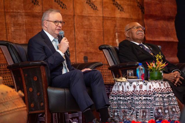 Australian Prime Minister Anthony Albanese (L) talks during a welcome ceremony alongside Fiji's Prime Minister Sitiveni Rabuka at the Grand Pacific Hotel in Suva on July 6, 2026. (Photo by Leon LORD / AFP)