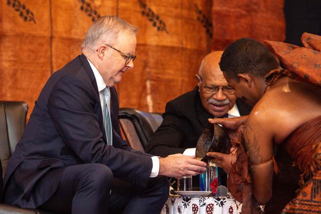 Australian Prime Minister Anthony Albanese (L) receives a traditional kava drink during a welcome ceremony alongside Fiji's Prime Minister Sitiveni Rabuka at the Grand Pacific Hotel in Suva on July 6, 2026. (Photo by Leon LORD / AFP)
