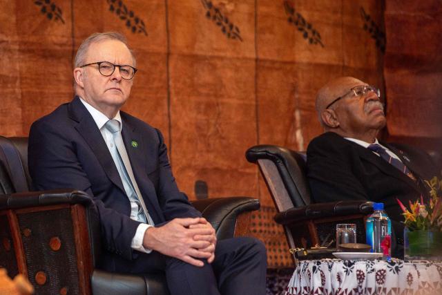Australian Prime Minister Anthony Albanese (L) attends a welcome ceremony alongside Fiji's Prime Minister Sitiveni Rabuka at the Grand Pacific Hotel in Suva on July 6, 2026. (Photo by Leon LORD / AFP)