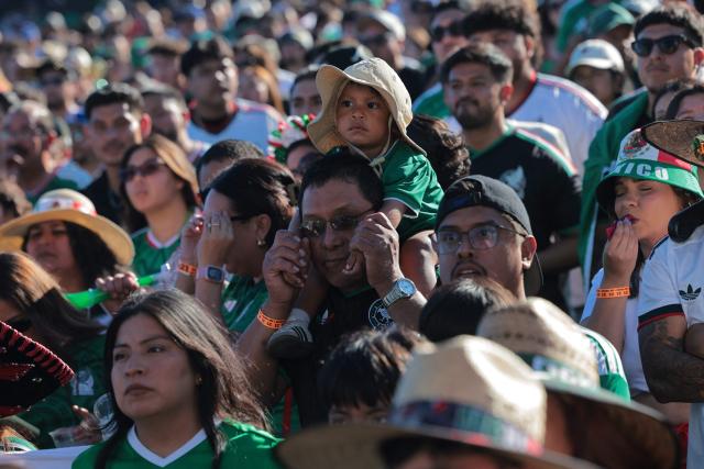 Mexico fans watch the 2026 World Cup round of 16 football match between the Mexico and England at a watch party at Ace Mission Studios, in Los Angeles, California, on July 5, 2026. (Photo by Etienne LAURENT / AFP)