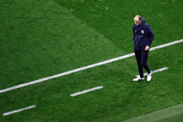 England's German head coach Thomas Tuchel walks on the touchline during the 2026 World Cup round of 16 football match between Mexico and England at the Mexico City Stadium in Mexico City on July 5, 2026.  (Photo by Ulises RUIZ / AFP)
