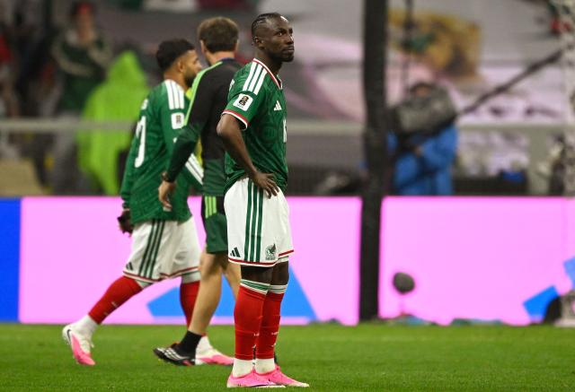 Mexico's forward #16 Julian Quinones reacts after losing the 2026 World Cup round of 16 football match between Mexico and England at the Mexico City Stadium in Mexico City on July 5, 2026.  (Photo by Alfredo ESTRELLA / AFP)