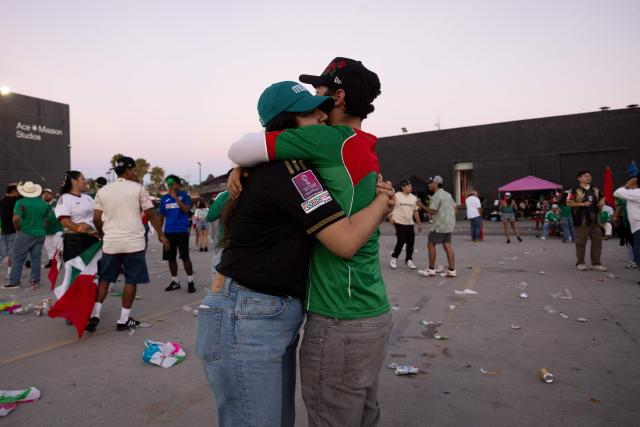 Mexico fans react after their team lost the 2026 World Cup round of 16 football match between the Mexico and England, at a watch party at Ace Mission Studios, in Los Angeles, California, on July 5, 2026. (Photo by ETIENNE LAURENT / AFP)
