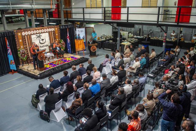 Australian Prime Minister Anthony Albanese (L) and Fiji Minister for Public Works, Transport and Meteorological Services Ro Filipe Tuisawau (R) attend the opening of the Vuvale Skills hub in Suva on July 6, 2026. Australia signed a new defence alliance with Fiji on July 6, bolstering ties with its South Pacific island neighbor as it seeks to outmanoeuvre China in the region. (Photo by LEON LORD / AFP)