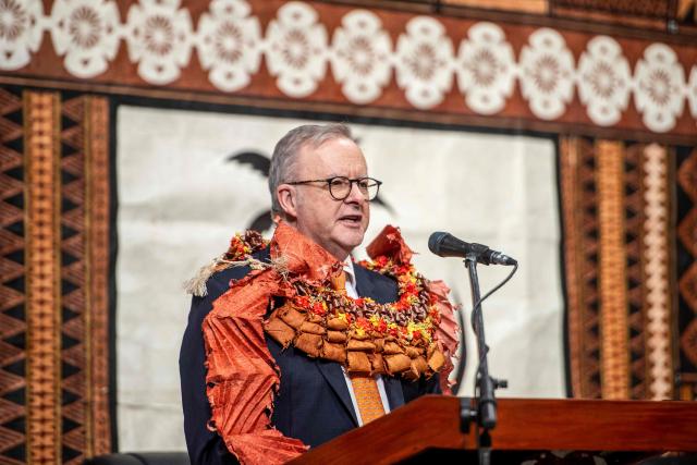 Australian Prime Minister Anthony Albanese speaks at the opening of the Vuvale Skills hub in Suva on July 6, 2026. Australia signed a new defence alliance with Fiji on July 6, bolstering ties with its South Pacific island neighbor as it seeks to outmanoeuvre China in the region. (Photo by LEON LORD / AFP)