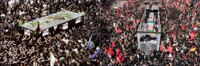 (COMBO) This combination of pictures created on July 6, 2026 shows mourners trying to touch the structure covering Ayatollah Ruhollah Khomeini's tomb at Behesht Zahra cemetery in Tehran on June 7, 1989 (L) and the coffins of Iran's slain supreme leader Ali Khamenei and members of his family during their funeral procession in Tehran on July 6, 2026. The funeral procession for Iran's late supreme leader Ali Khamenei began in Tehran on July 6, 2026, state television reported, as authorities prepared for crowds that could rival those that turned out for his predecessor nearly four decades ago. Authorities are hoping to avoid a repeat of the chaos that marred the 1989 funeral of Khamenei's predecessor Ayatollah Ruhollah Khomeini, which drew an estimated 10 million people, according to state news agency IRNA. (Photo by AFP) / 