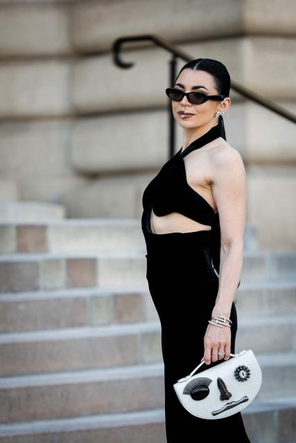 Sandra Corinna Kinzl arrives for the Schiaparelli Women Haute Couture Fall/Winter 2026-2027 collection as part of the Paris Fashion Week, in Paris, on July 6, 2026. (Photo by GEOFFROY VAN DER HASSELT / AFP)