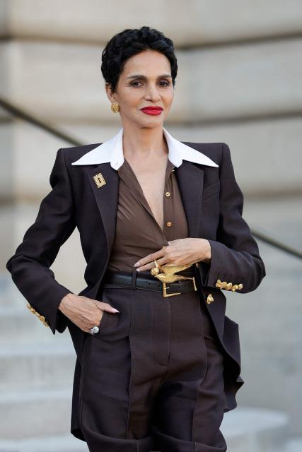 French-Algerian model Farida Khelfa arrives for the Schiaparelli Women Haute Couture Fall/Winter 2026-2027 collection as part of the Paris Fashion Week, in Paris, on July 6, 2026. (Photo by GEOFFROY VAN DER HASSELT / AFP)