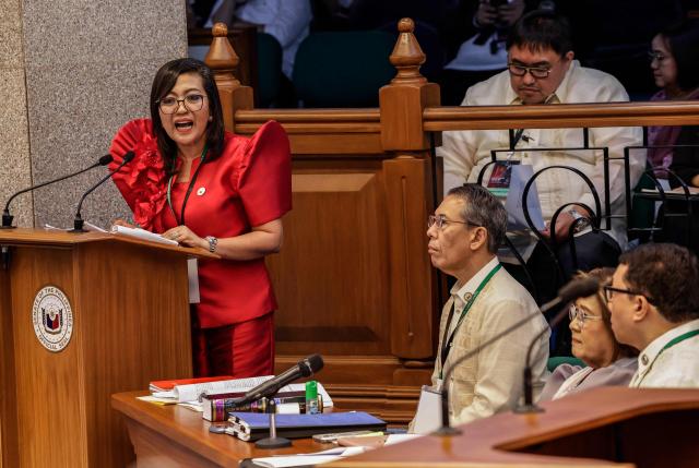 Philippine Congresswoman Gerville Luistro (L), a member of the prosecution panel, delivers an opening statement during proceedings for the impeachment trial of Philippine Vice-President Sara Duterte at the Philippine Senate in Pasay City, Metro Manila on July 6, 2026. The Philippine Senate opened Vice President Sara Duterte's impeachment trial on July 6, with her political career -- and a planned 2028 presidential run -- in the balance. (Photo by Rolex DELA PENA / POOL / AFP)