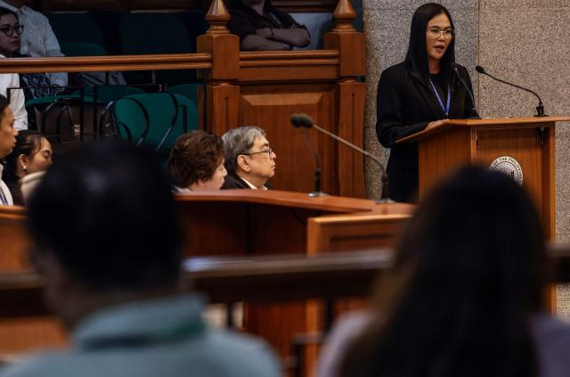 Lawyer Sheila Sison, a member of the defense panel, delivers an opening statement during proceedings for the impeachment trial of Philippine Vice-President Sara Duterte at the Philippine Senate in Pasay City, Metro Manila on July 6, 2026. The Philippine Senate opened Vice President Sara Duterte's impeachment trial on July 6, with her political career -- and a planned 2028 presidential run -- in the balance. (Photo by Rolex DELA PENA / POOL / AFP)
