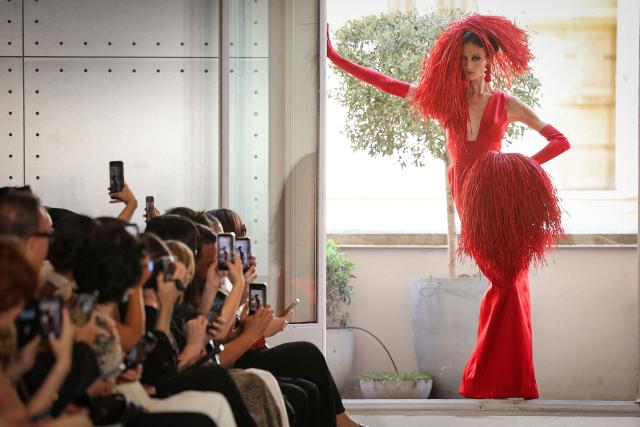 A model presents a creation by Imane Ayissi for the Women Haute Couture Fall/Winter 2026-2027 collection as part of the Paris Fashion Week, in Paris, on July 6, 2026. (Photo by Thomas SAMSON / AFP)