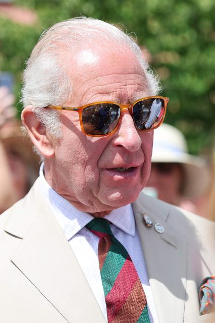 Britain's King Charles III, wearing sunglasses, meets RTR soldiers and their families during The Royal Tank Regiment's Families' Day at the Tank Museum on July 6, 2026 in Bovington, south-west England. (Photo by Chris Jackson / POOL / AFP)