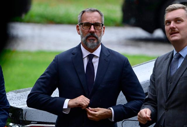Prince Rahim al-Hussaini (L), Aga Khan V, the 50th hereditary Imam of the Nizari Isma'ili Shia Islam, arrives for a visit on July 6, 2026 in Berlin. (Photo by Tobias SCHWARZ / AFP)
