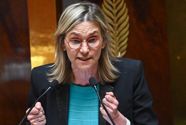 Ensemble Pour la Republique's MP Agnes Pannier-Runacher gestures as he speaks during a voting session on a no-confidence motion tabled by France's ecologist party Les Ecologistes at the National Assembly, France's lower house of parliament in Paris on July 6, 2026. (Photo by JULIEN DE ROSA / AFP)