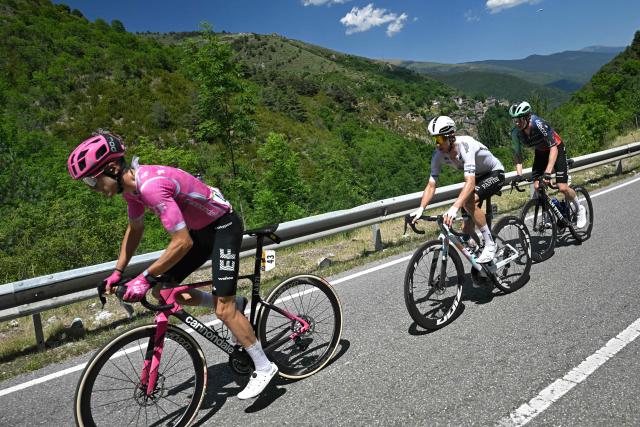 EF Education - EasyPost team's French rider Alex Baudin (L), NSN Cycling Team's New Zealander rider George Bennett (C) and Decathlon CMA CGM Team's French rider Nicolas Prodhomme (R) cycle in a breakaway during the 3rd stage of the 113th edition of the Tour de France cycling race, 195,9 km between Granollers in Spain and Les Angles in southern France, on July 6, 2026. (Photo by Loic VENANCE / AFP)