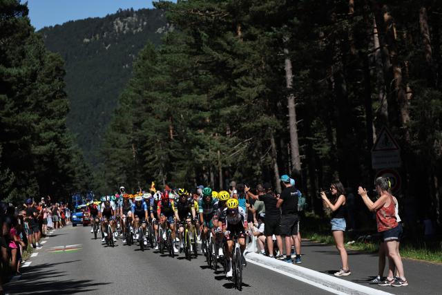 UAE Team Emirates - XRG's Austrian rider Felix Grossschartner leads the pack of riders (peloton) in the final kilometers of the 3rd stage of the 113th edition of the Tour de France cycling race, 195,9 km between Granollers in Spain and Les Angles in southern France, on July 6, 2026. (Photo by Anne-Christine POUJOULAT / AFP)