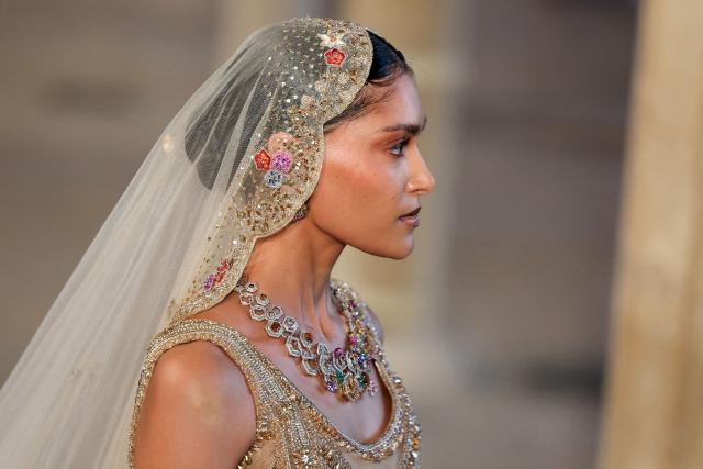 US model Pritika Swarup presents a creation by Rahul Mishra for the Women Haute Couture Fall/Winter 2026-2027 collection as part of the Paris Fashion Week, in Paris, on July 6, 2026. (Photo by Thomas SAMSON / AFP)