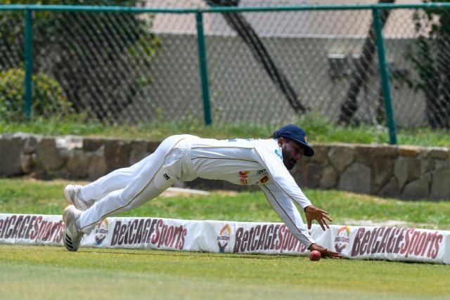 Lahiru Udara of Sri Lanka fields during the 4th day of the 2nd Test between Sri Lanka and West Indies at Vivian Richards Cricket Stadium in North Sound, Antigua and Barbuda, on July 6, 2026. (Photo by Randy Brooks / AFP)